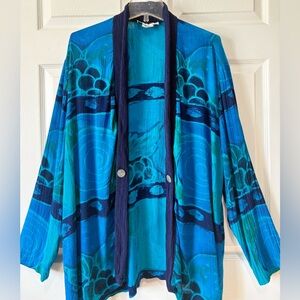 90s Sharon Anthony Colorful Blue Art To Wear Open Front Rayon Gauze Blazer 20W